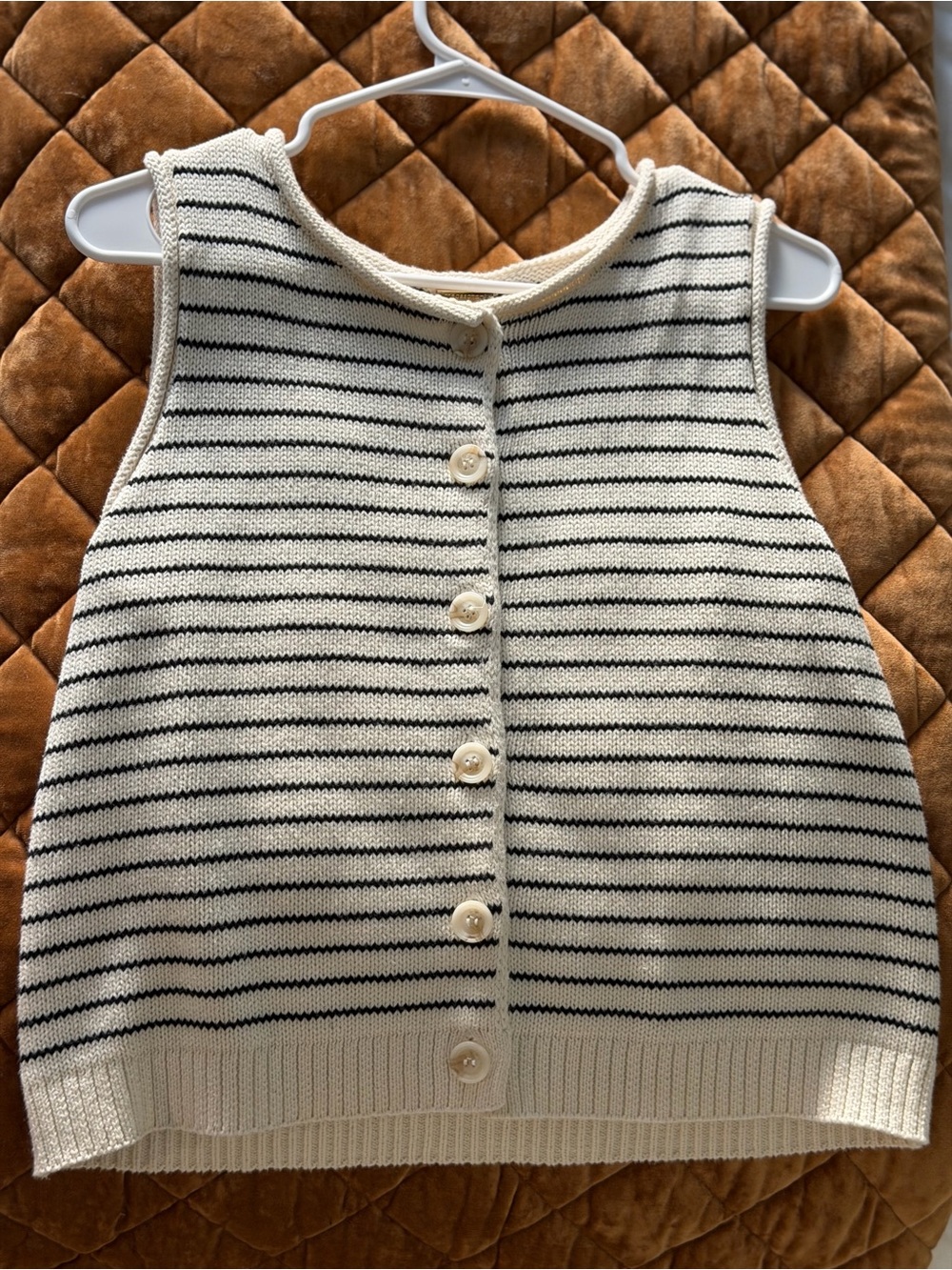 Magaschoni Cream and Black Striped Sleeveless Button Knit Top